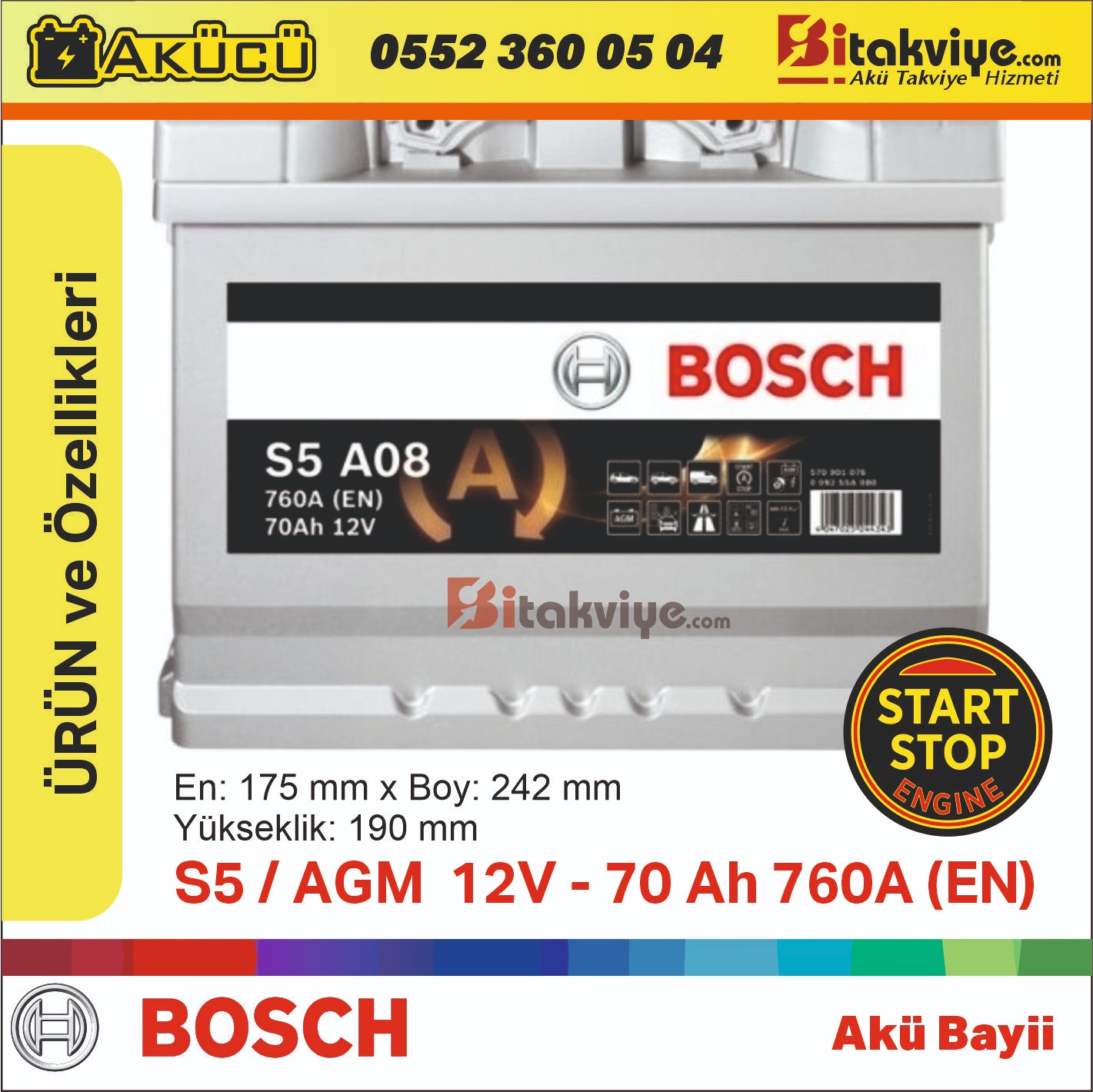 Bosch S5 70Ah AGM – Start Stop Akü